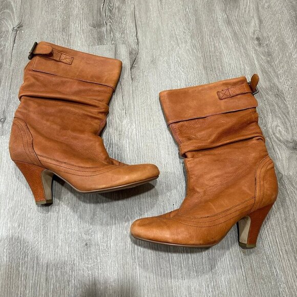 Steve Madden Tan Mid Calf Leather Slouch Heel Boots Women's Size 8 - Picture 1 of 9